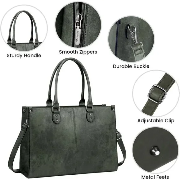 Women's Dark Green 15.6 inch vintage vegan leather and high-density Tote Bag